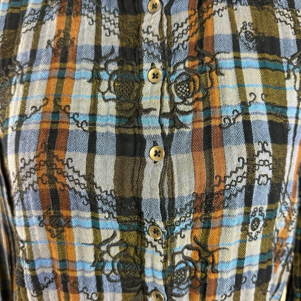 Free People Western Bohemian Muslin Embroidered Magical Plaid Shirt Small Fall